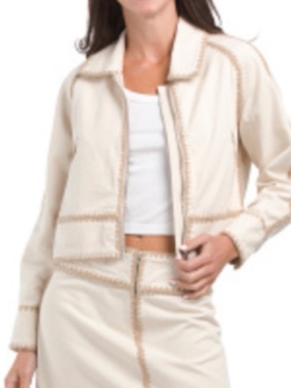 Blank NYC Cream Cropped Zippered Jacket with Tan Crochet Trim - Size Small